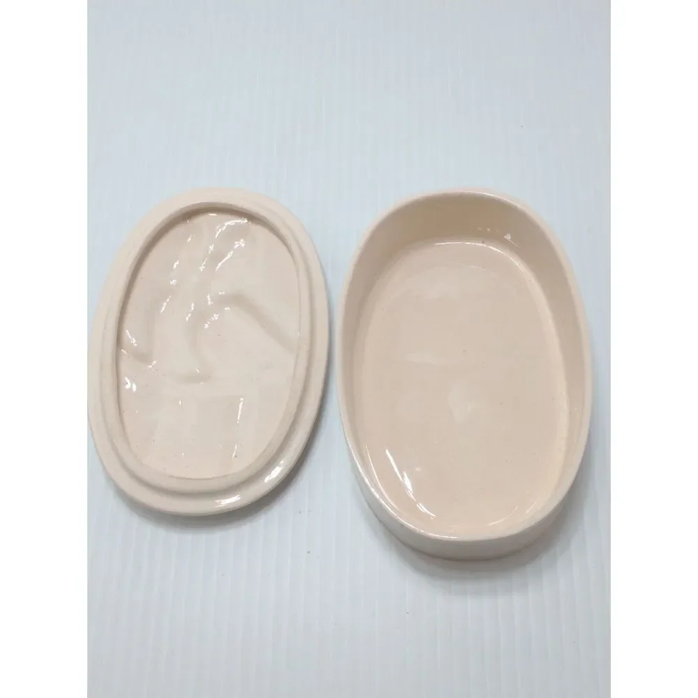 Vintage MCM Ceramic‎ Pink Trinket Box With Lid White Birds On Branch Gold Accent